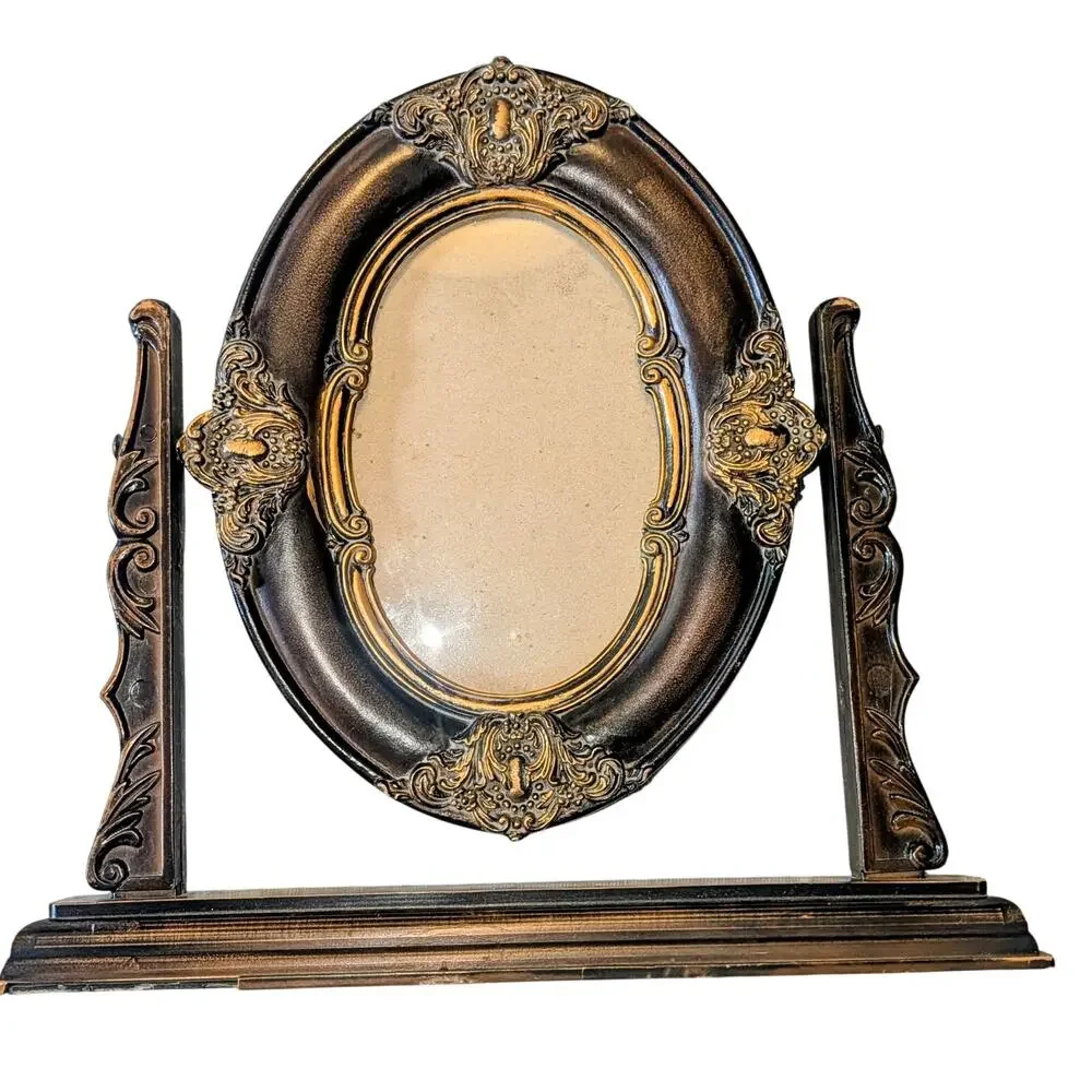 Vintage Brown and Gold Baroque Oval Tabletop Swivel Frame Ornate Victorian Style